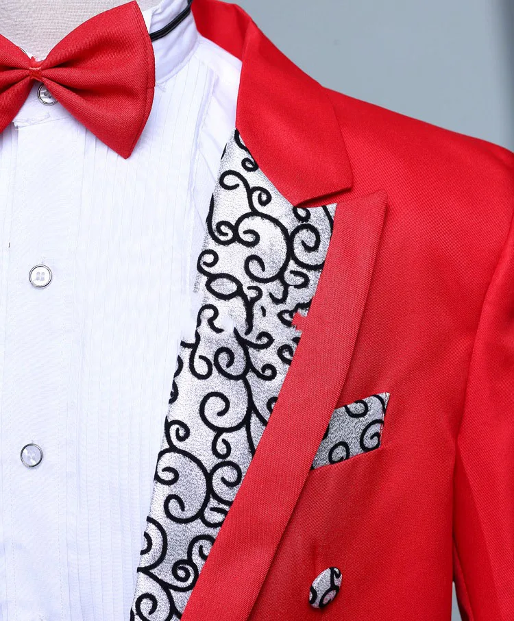Erkekler Balo Sahne Yaka Takım Elbise Kuyruk (ceket + pantolon) ceket Damat Jakarlı Homme Şarkıcı Düğün Beyaz Kırmızı Takım Elbise Siyah Smokin Kostüm Görüntü 5