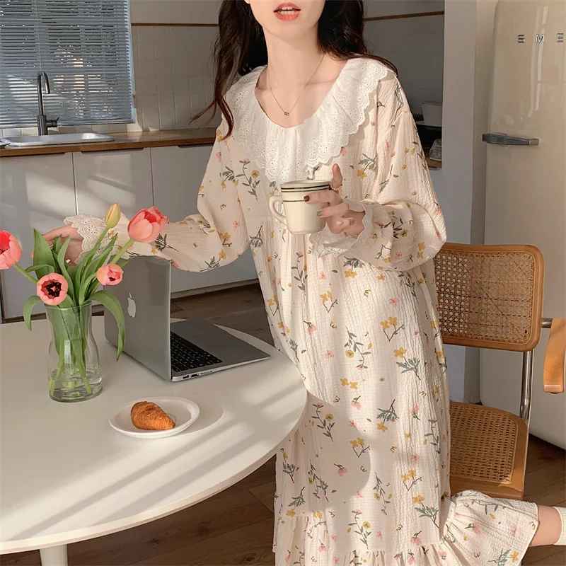 Kadın İlkbahar Yaz Gecelik Çiçek Baskı Kore Tarzı Bayanlar Gecelik Uzun Kollu Dantel Tatlı İç Çamaşırı Vestido Mujer Görüntü 5