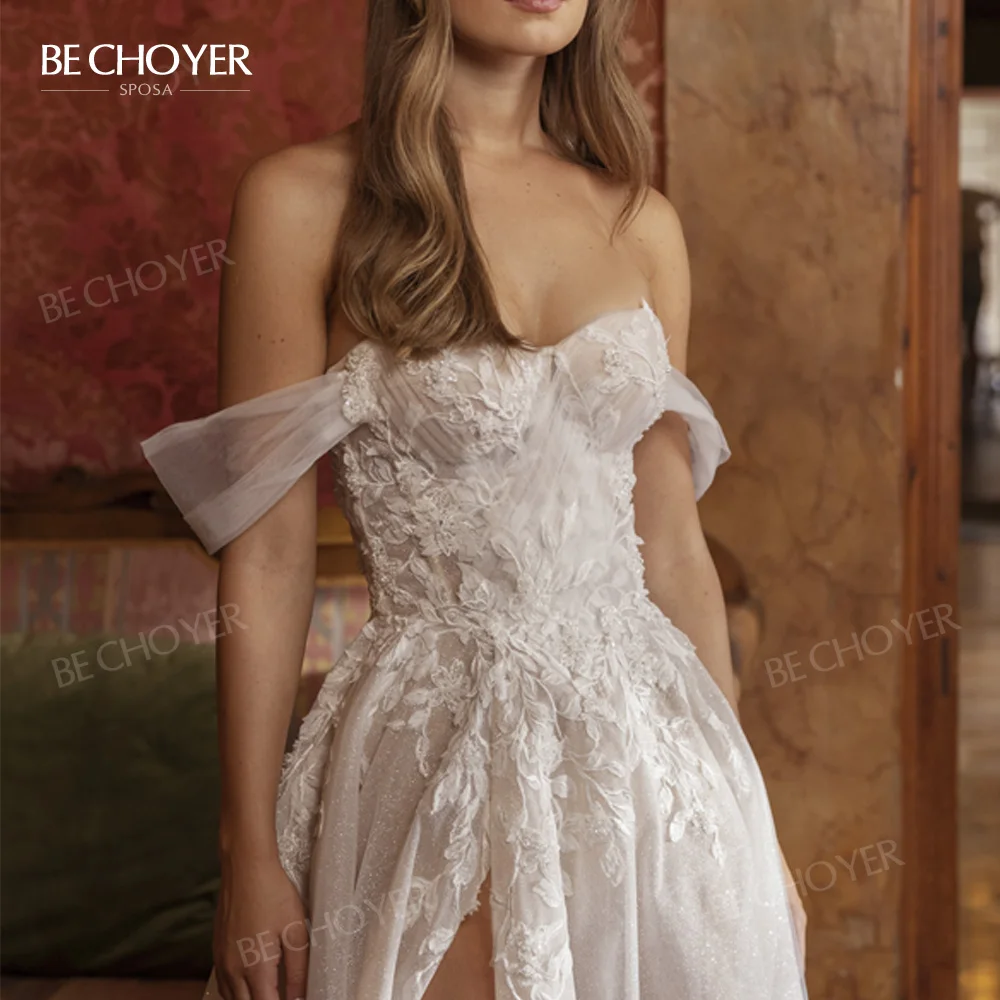 Kolsuz düğün elbisesi Kapalı Omuz A-Line Plaj Aplikler Gelin Kıyafeti 2024 Prenses BECHOYER R176 Artı Boyutu Vestido de Noiva Görüntü 5