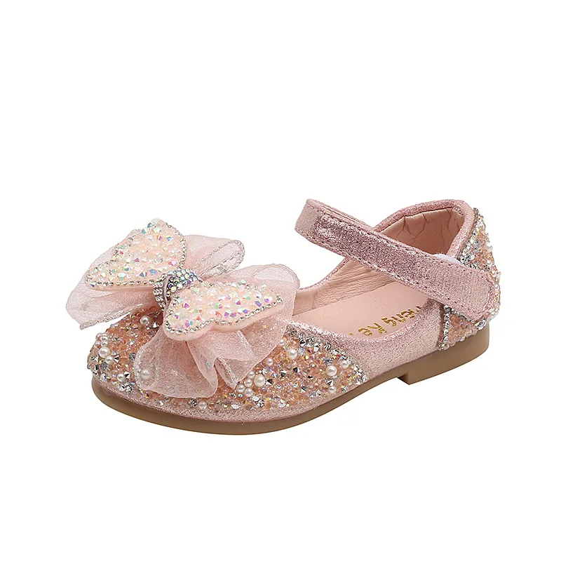 Kızlar Sevimli Yay Performans deri ayakkabı Bahar çocuk Sequins Prenses Ayakkabı Moda Çocuklar Yumuşak Alt Kristal Tek ayakkabı Görüntü 5