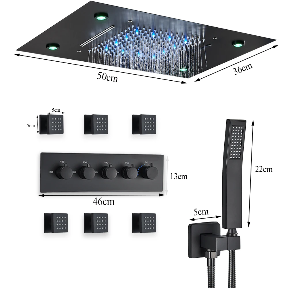Lüks Siyah LED Sabit Sıcaklık Duş Musluk Renk Değişimi Yağmur Şelale Duş Sistemi 4/3 Yollu Duş Tavan Sistemi Musluk Görüntü 5