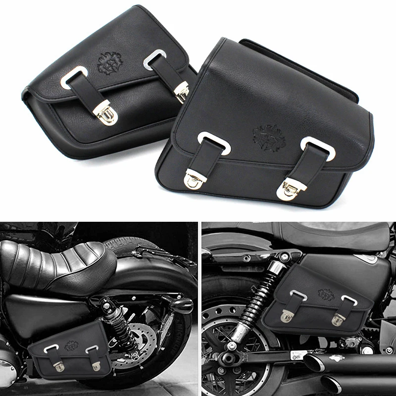 Motosiklet Heybe PU Deri Depolama Bagaj Çantası Sol + Sağ Motosiklet Yan Alet Çantası Kılıfı Evrensel Harley Sportster İçin Görüntü 5