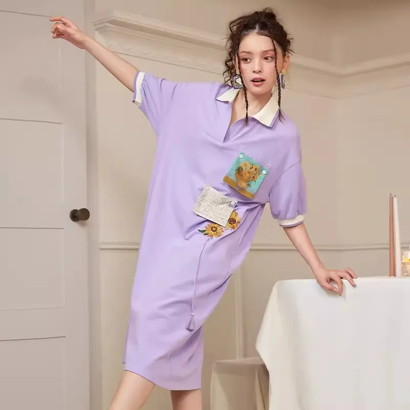 NEWDISCVRY 2023 Yaz Yeni Kore Kadın Elbise Vestidos Robe Elbise Gevşek Artı Boyutu Nakış POLO Yaka Kısa Kollu uzun elbise Görüntü 5