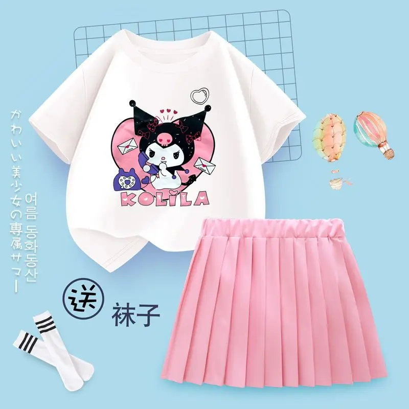 Sanrio hello kitty Kısa Kollu Etek Takım Elbise kuromi Yaz Yeni çocuk T-Shirt Pilili Etek kız JK Üniforma Y2K elbise bozuk para cüzdanı Görüntü 5