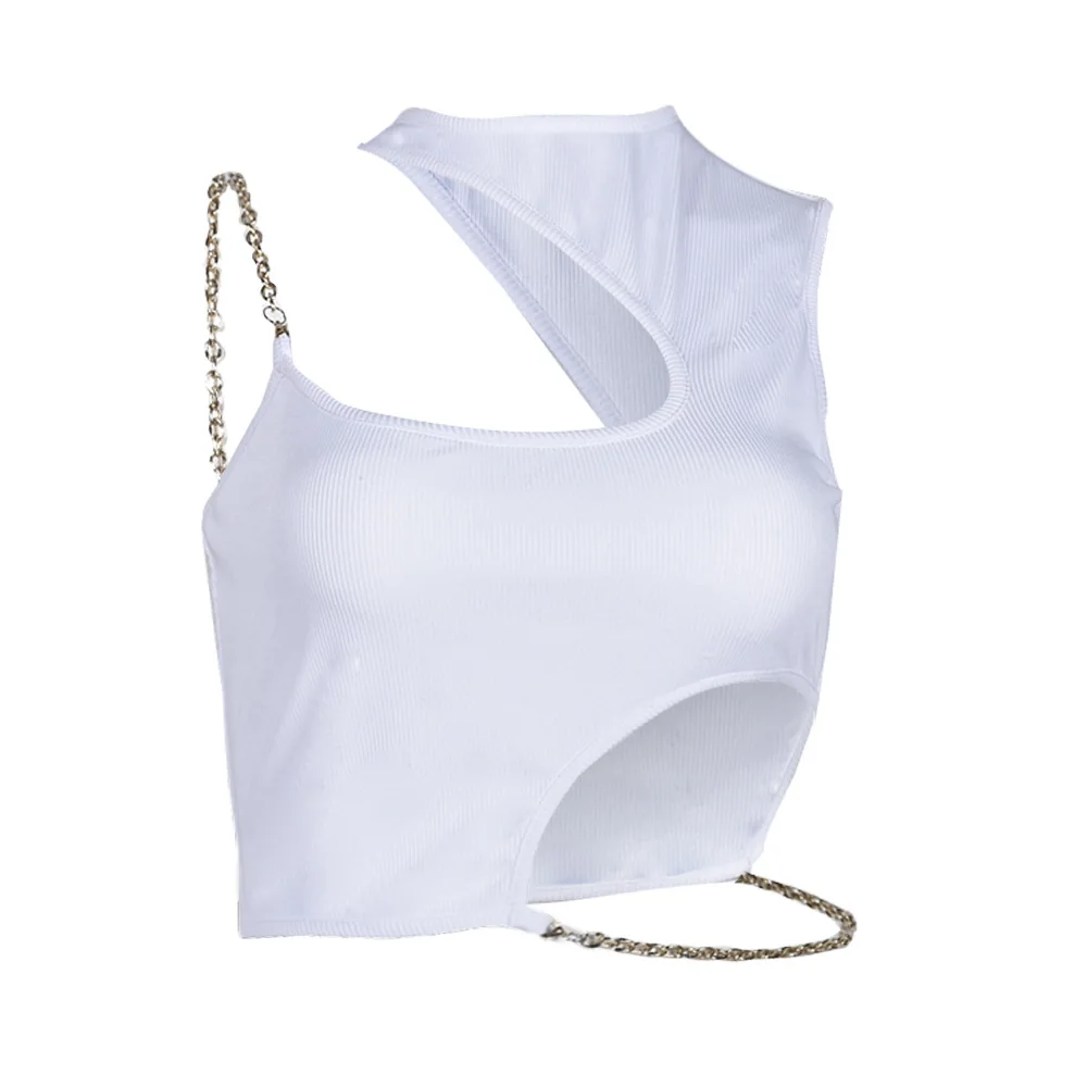 Seksi Kesme Kırpma Üst Kadınlar 2024 Yaz Moda Backless Metal Zincir Tasarım beyaz kolsuz tişört Y2k Şık Asimetrik Korse T-shirt Görüntü 5