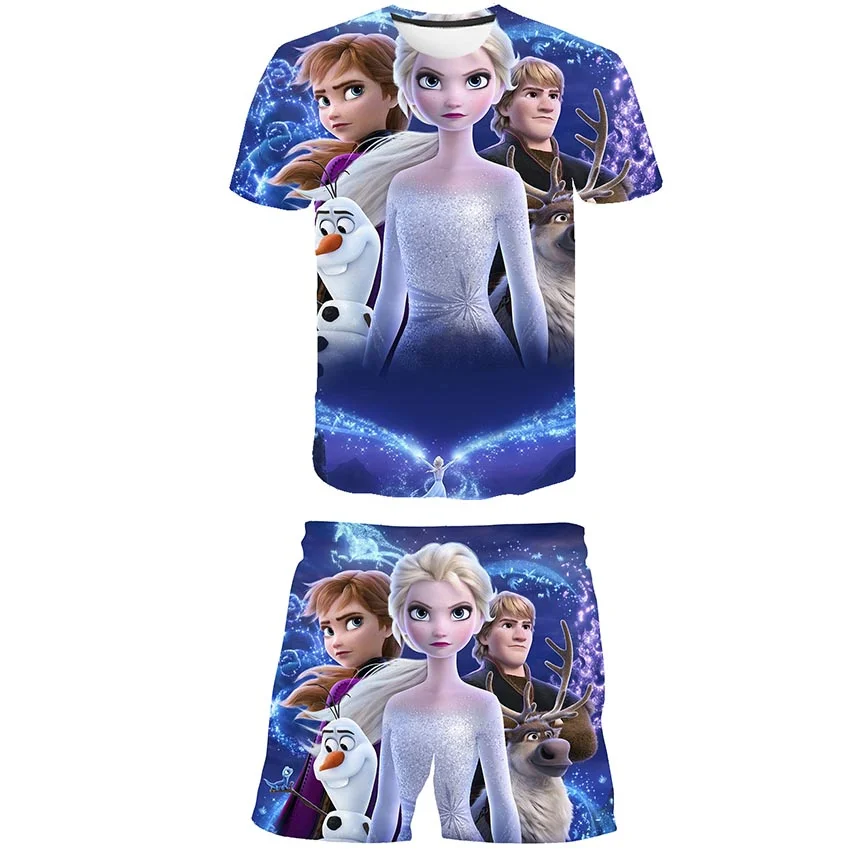 Yaz Dondurulmuş 2 Kız Karikatür T Shirt + şort takımı Giysileri Çocuklar Sevimli Elsa Prenses 2 adet Çocuk Karikatür Rahat Kostüm Kıyafetler Görüntü 5
