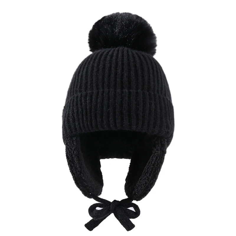 Yeni Kış Örme Şapka Earflaps İle Kalın Sıcak Peluş Bebek Şapka Büyük ponponlu bere Rüzgar Geçirmez Yün Çocuk örgü bere Kız Erkek Görüntü 5