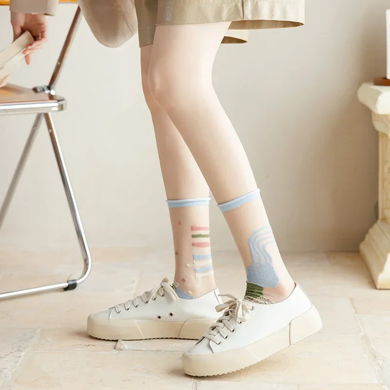 Yeni Moda Kadın Çorap Yaz Ultra ince Şeffaf Kristal İpek Çorap Harajuku Çiçek Retro Japon Kawaii Sevimli Çorap Görüntü 5