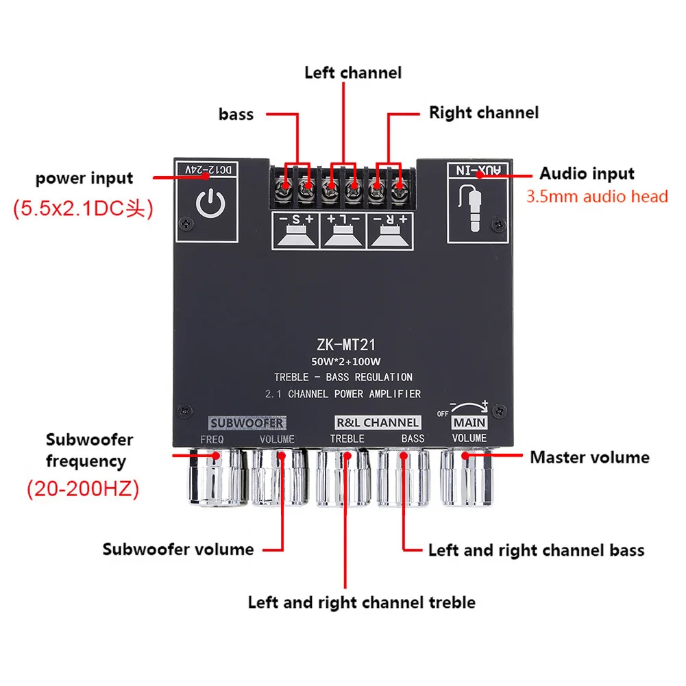 ZK-MT21 2x50 + 100W 2.1 Kanal BT5.0 AUX Dijital Güç Subwoofer Amplifikatör Kurulu Filtre İle AM Girişim Bastırma Fonksiyonu Görüntü 5