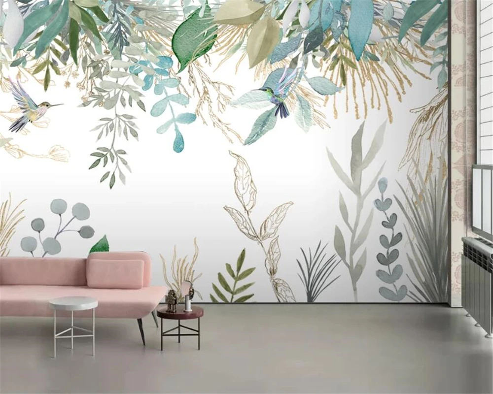 Özel duvar kağıdı İskandinav el-boyalı küçük taze tropikal bitkiler çiçekler ve kuşlar TV kanepe arka plan 3d duvar kağıdı Görüntü 5