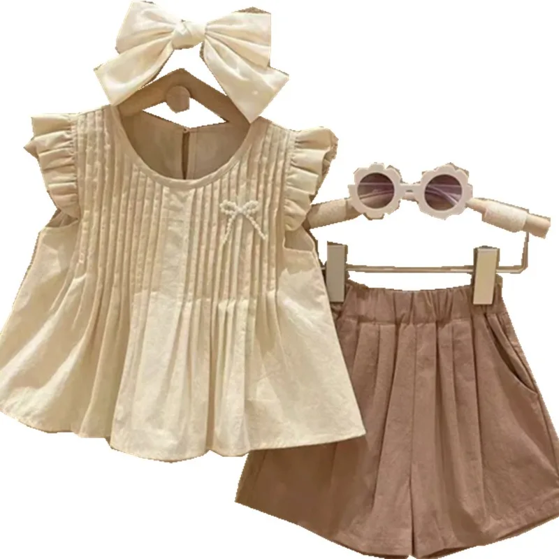 İlkbahar Yaz Kız Giyim Seti Yeni Sevimli Küçük Uçan Kollu Pilili Bebek Gömlek+Cep Şort 2 Adet Moda Kız Çocuklar Kıyafet Görüntü 5